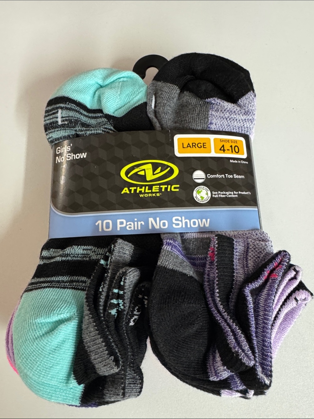 Athletic Works Girls No Show Socks - Black, Gray, Teal, Purple